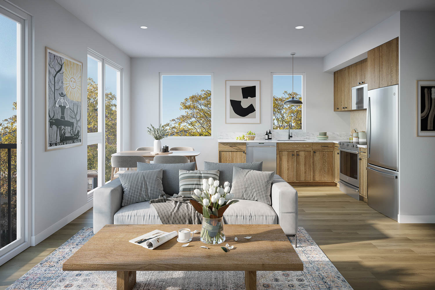 Living room and kitchen rendering with wood cabinets and quartz counters at The George