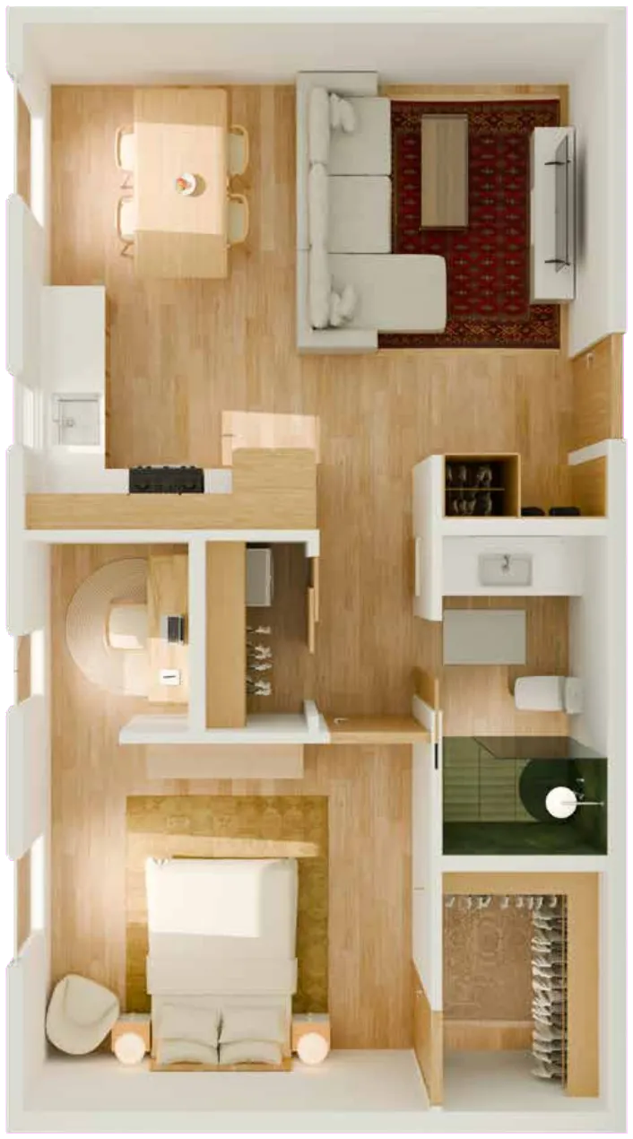 3D floor plan of a one-bedroom residence with office nook at The George