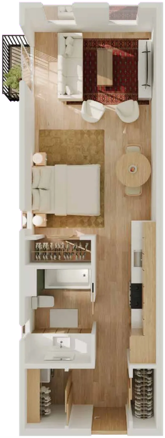 3D floor plan of a studio residence at The George