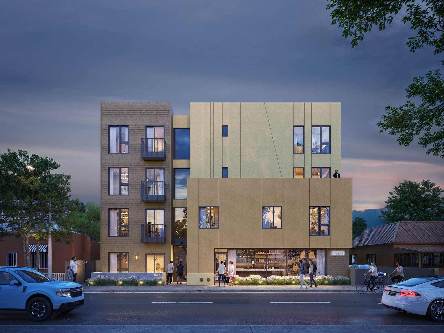 Exterior rendering of The George at dusk on Central Avenue