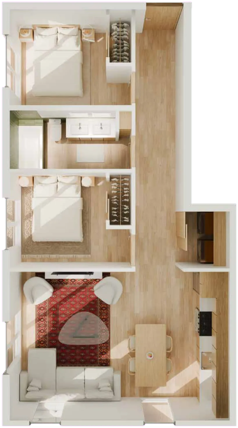 3D floor plan of a two-bedroom residence at The George